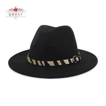 QBHAT Billige Mode Håndlavet Uld Filt Wide Brim Fedora Hatte med Zebra-striber Bælte Mænd Kvinder Jazz Panama Formelle Top Hat