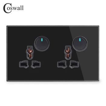 Coswall Rene Glas Ramme 13A Dobbelt Universal Stikkontakt 2-Banden 2-Vejs On / Off Passerer Gennem Lys-Kontakten Tændes LED-Indikator