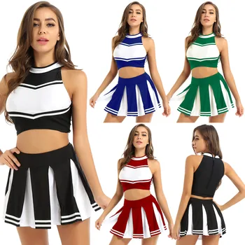 Kvinder, Voksne Skole Piger Outfits Cheerleader Sexet Kostume Sæt Ensartede Tøj Ærmeløs Afgrøde Top med Plisseret Mini Nederdel