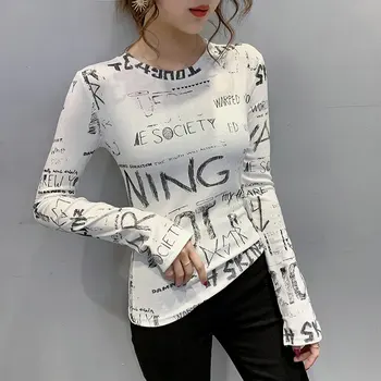 Falder Tshirt Kvinder Tøj med Lange Ærmer koreanske Vintage Slank Hvid Print T-shirt til Kvinder Toppe Elastisk Casual Sort t-Shirt Nye 2020