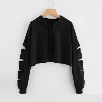 2021 Afgrøde Top Dame Sweatshirt-Udskæring Rippet Streetwear Lange Ærme Hip-pop Jumper Casual Pullover Solid Bluse Sudadera Mujer