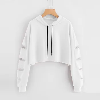 2021 Afgrøde Top Dame Sweatshirt-Udskæring Rippet Streetwear Lange Ærme Hip-pop Jumper Casual Pullover Solid Bluse Sudadera Mujer