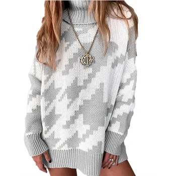 Efterår Og Vinter Rullekrave Sweatere Vintage Geometriske Print Pullover Top Kvinder Afslappet Langærmet Strik Elegante Sweater