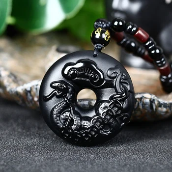 Naturlig Sort Obsidian Perler Halskæde Hånd-Udskåret Stjernetegn Slangen Sikkerhed Knappen Jade Vedhæng Mode Charme Smykker Amulet Gaver