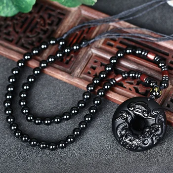 Naturlig Sort Obsidian Perler Halskæde Hånd-Udskåret Stjernetegn Slangen Sikkerhed Knappen Jade Vedhæng Mode Charme Smykker Amulet Gaver