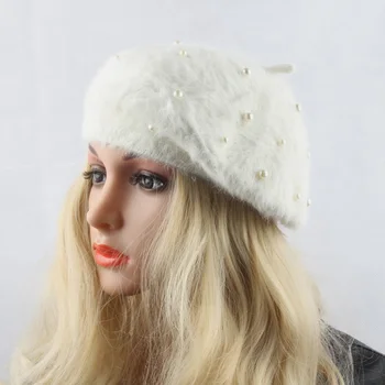 HEALCOLD Vinter Efterår Kvindelige Strikket Hue Kanin Pels Hat Perle Dekoration Dame Baretter Caps