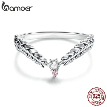 Bamoer V-Form Vinstokke Finger Ringe til Kvinder 925 Sterling Sølv Retro Engagement Bryllup Smykker Mode Tilbehør BSR150