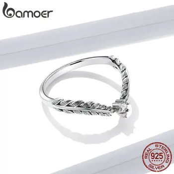 Bamoer V-Form Vinstokke Finger Ringe til Kvinder 925 Sterling Sølv Retro Engagement Bryllup Smykker Mode Tilbehør BSR150