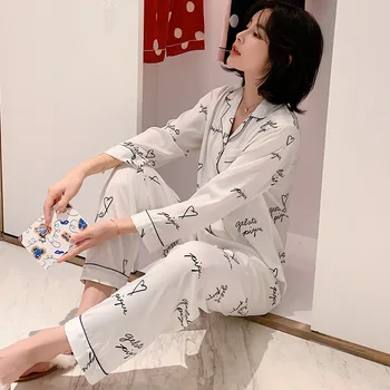 Kortærmet To-stykke Breve Udskrivning Satin Pyjamas Sæt Multi Farver Hjem Tøj Nuisette Femme Hjem Passer til Kvinders Pyjamas