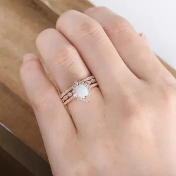 3Pcs/Set Ovalt Brand Hvid Opal hvid Guld Ringe til Bruden Bryllup Ringe Sæt Engagement Ring Jubilæum Birthstone Smykker Gaver