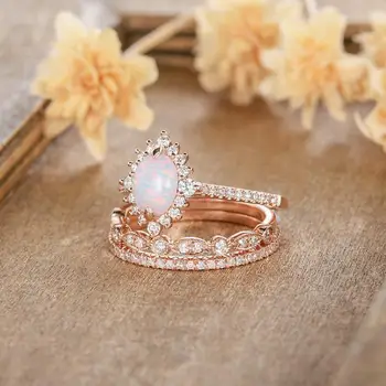 3Pcs/Set Ovalt Brand Hvid Opal hvid Guld Ringe til Bruden Bryllup Ringe Sæt Engagement Ring Jubilæum Birthstone Smykker Gaver