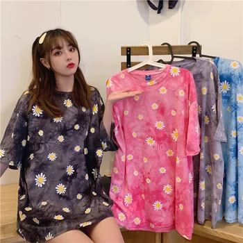 Koreanere Sommer Toppe Kvinder i Stor Størrelse kortærmet T-shirt Løs Bunden Shirt Ins Mode Uafgjort Harajuku Tshirt Daisy-t-Shirts Print
