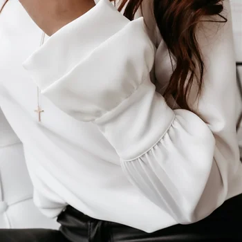 2020 Efteråret Lange Ærmer Afslappet Kontor Hvide Bluse Kvinder O-Neck Pullover, Toppe Løs Solid Skjorte Blusas Kvinde Tøj Bluser
