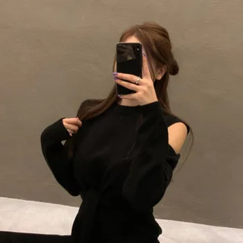 Kimotimo Elegante Sweater Kvinder Sort Strik Holow Ud Med Lange Ærmer Vinger Elegant Retro-2020 Efteråret Chic Koreanske Lady Sweater