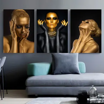 Lærred Maleri på Væggen Billede Mode Afrika Golden Sort Kvinder Plakater Udskriver billeder til Nordic Modular Hjem Indretning Stue