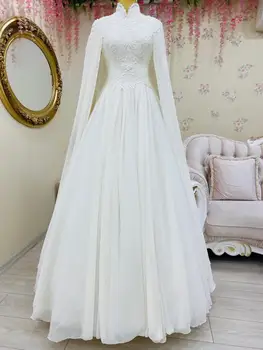 2020 Chiffon Pynt Beaded Muslimske Bryllup Kjoler til Bride med Kap Lange Ærmer Marokkanske Kaftan Bryllup Brude Kjoler