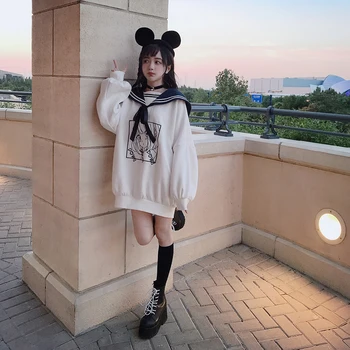 Kvinder Japansk Bløde søster Navy krave Søde Harajuku Anime Pige Karakter Print Fleece Løs Pullovere Casual Lang Sweatshirts