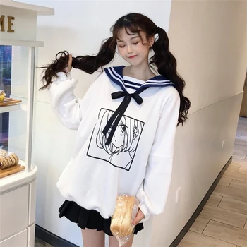 Kvinder Japansk Bløde søster Navy krave Søde Harajuku Anime Pige Karakter Print Fleece Løs Pullovere Casual Lang Sweatshirts
