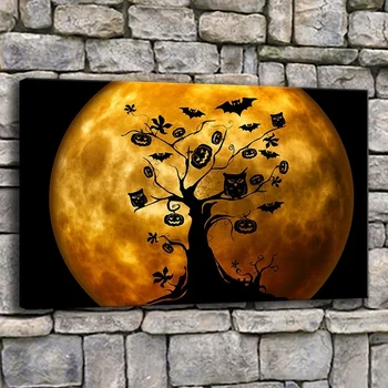 Lærred Maleri Væg Kunst, 1 Stykke Halloween Heks På Kost Orange Billeder Til Stuen Udskriver Ugler Og Flagermus Plakat Hjem Indretning