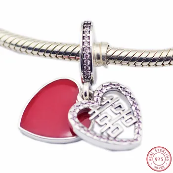 925 Sterling Sølv Dobbelt Lykke Hjerte Hængende Pendel Rød Emalje Pink CZ DIY Passer til PANDORA Charms Smykker at Gøre FL685