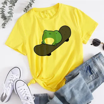 Skateboard Frog Mode langærmet T-shirt koreanske Enkel Overdimensionerede Grafiske Tees Kvinder Shirts Fritid Plaid Patchwork T-Shirt