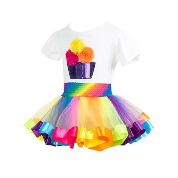 PatPat 2020 Nye Sommer 2-stykke 3D blomsterudsmykning Fødselsdag Tee og Rainbow Tutu Nederdel til Piger Kids Pige Sæt Passer til