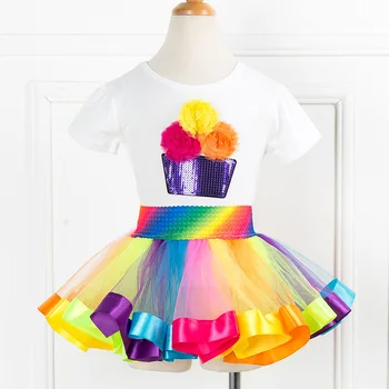 PatPat 2020 Nye Sommer 2-stykke 3D blomsterudsmykning Fødselsdag Tee og Rainbow Tutu Nederdel til Piger Kids Pige Sæt Passer til