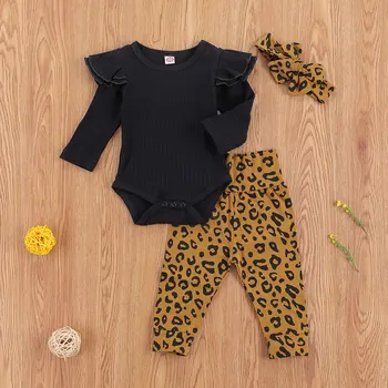 2020 Efteråret Nyfødte Baby Piger Tøj Sæt Barn Lange Ærmer Rund Hals Solid Farve Top+ Leopard Print Pants + Pandebånd 0-18M
