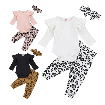 2020 Efteråret Nyfødte Baby Piger Tøj Sæt Barn Lange Ærmer Rund Hals Solid Farve Top+ Leopard Print Pants + Pandebånd 0-18M