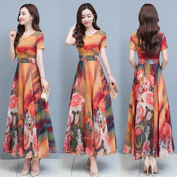 2021 Koreanske Kvinder Bodycon Part Maxi Vestido Sommeren Vintage Plus Size Boho Lang Sundress Elegant Chiffon Afslappet Strand Midi-Kjole