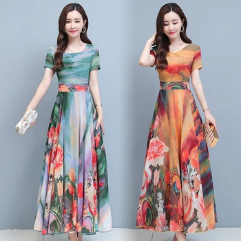 2021 Koreanske Kvinder Bodycon Part Maxi Vestido Sommeren Vintage Plus Size Boho Lang Sundress Elegant Chiffon Afslappet Strand Midi-Kjole