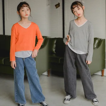 Teenager Piger Jeans Børn 2020 Nye Efteråret Tøj Korean Style Straight Jeans Mode, Børn Piger Bred Ben Casual Bukser #9104