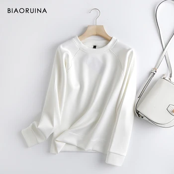 BIAORUINA Kvinders koreansk Stil Efteråret Hvide Minimalistiske Alle-match Rund Hals Pullover Kvindelige Løs Casual Sweatshirt med Lange Ærmer
