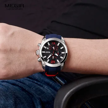 Megir Mænds Sport Quartz Ure Blå Silikone Rem Analog Quartz Armbåndsur til Mand Lysende Hænder Kalender 2063GBE-1