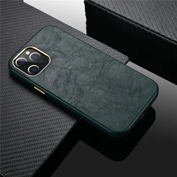 For iPhone-12 Pro Max antal Tilfælde Midnat Grøn Luksus Ægte Læder Tilbage Dække For iPhone 12 Mini Tilfælde af Ægte Læder Metal-Knappen