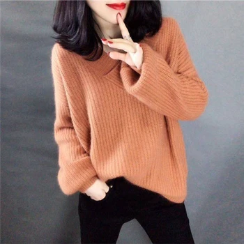 Mode pullover sweatshirt kvinders 2020 efteråret pure cotton V-neck strikket varmen varm vinter koreanske afslappet og elegant enkel top
