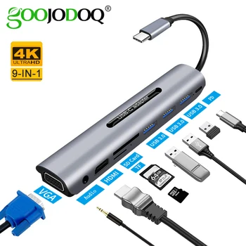 GOOJODOQ 9 Porte USB-C-HUB til HDMI VGA RJ45 Ethernet Gigabit Power Adapter Dock PD Oplader til MacBook Pro Air Multi Type C-HUB