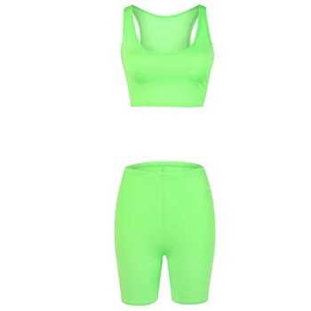 Dame 2-Stykke Sport Yoga Sæt Solid Farve Fluorescerende Grøn Slynge Afgrøde Slank Top Høj Talje Elastik Problemfri Fitness Shorts