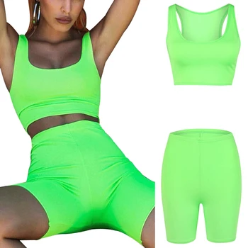 Dame 2-Stykke Sport Yoga Sæt Solid Farve Fluorescerende Grøn Slynge Afgrøde Slank Top Høj Talje Elastik Problemfri Fitness Shorts