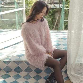 Nye Vinter Koreanske Designer Kvinder Pink Hår Lanterne Ærme Faux Sweater Kjole Kvindelige Bodycon Party Dress Løs Mini-Dress