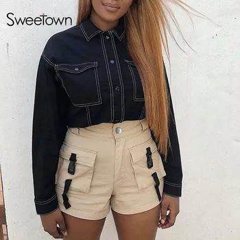 Sweetown 2019 Forår, Sommer, Høj Talje Shorts Med Spænde Bånd Khaki Koreansk Street Style Bomuld Kort Feminino Cargo Shorts