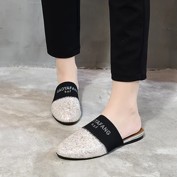 BaoYaFang 2020 Nye ankomst Flade sko-Kvinde sølv/sort Sommer slipper sko mode sko til kvinde damer Flade sko