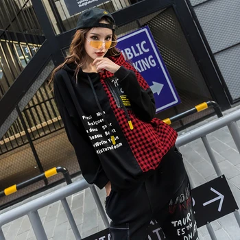 Antal LuLu 2019 Efteråret Europæiske Mode Stil Damer Punk Tøj Kvinder Plaid Hætteklædte Hættetrøjer Vintage Patchwork Trykt Sweatshirts