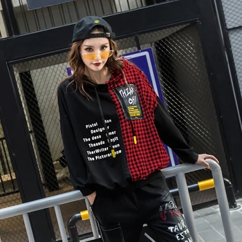 Antal LuLu 2019 Efteråret Europæiske Mode Stil Damer Punk Tøj Kvinder Plaid Hætteklædte Hættetrøjer Vintage Patchwork Trykt Sweatshirts