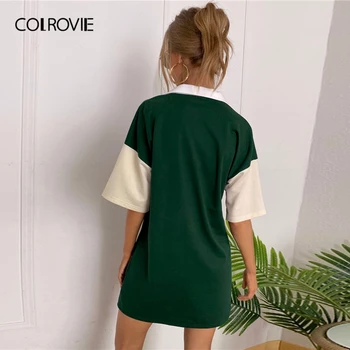COLROVIE Mørk Grøn Farve-blok Polo Neck Tee Dress Kvinder 2020 Sommer Drop Skulder Lige Afslappet Mini Kjoler