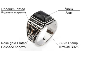 925 Sterling Sølv Mænd Ring med Rektangel, Sort Agat Stor Sten, Ringe til Mænd Finger Ring Fine Smykker