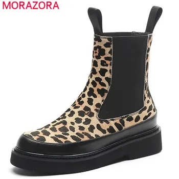 MORAZORA 2020 top kvalitet hestehår ankel støvler til kvinder Leopard efterår og vinter støvler slip på tykke hæle casual sko kvinde