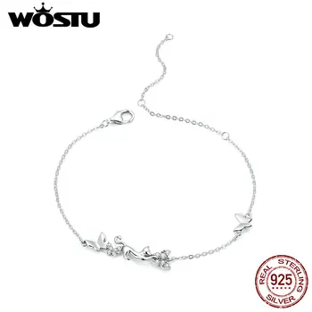 WOSTU Nye Kat & Sommerfugle Kæde Armbånd til Kvinder 925 Sterling Sølv Armbånd med Charms Jubilæum Gaver DXB195