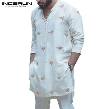 Mænd Shirts Trykt langærmet Vintage-Knappen Streetwear Stå Krave 2021 Indiske Lange Skjorter Mænd Casual Tøj S-5XL INCERUN