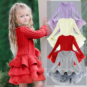 Sweater lang piger røde børn ribbet bomuld strik sweater mode strikket kjole langærmet trøjer lille barn pige toppe børn